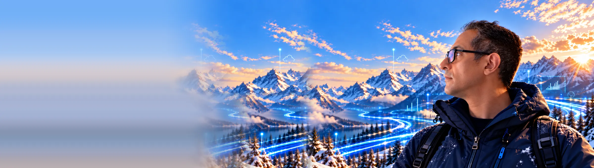 Javi in a winter mountain landscape with data-speed telemetry graphics